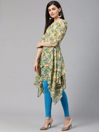 Thumbnail for Women Beige & Blue Floral Printed A-Line Kurta Blue - Rasiya