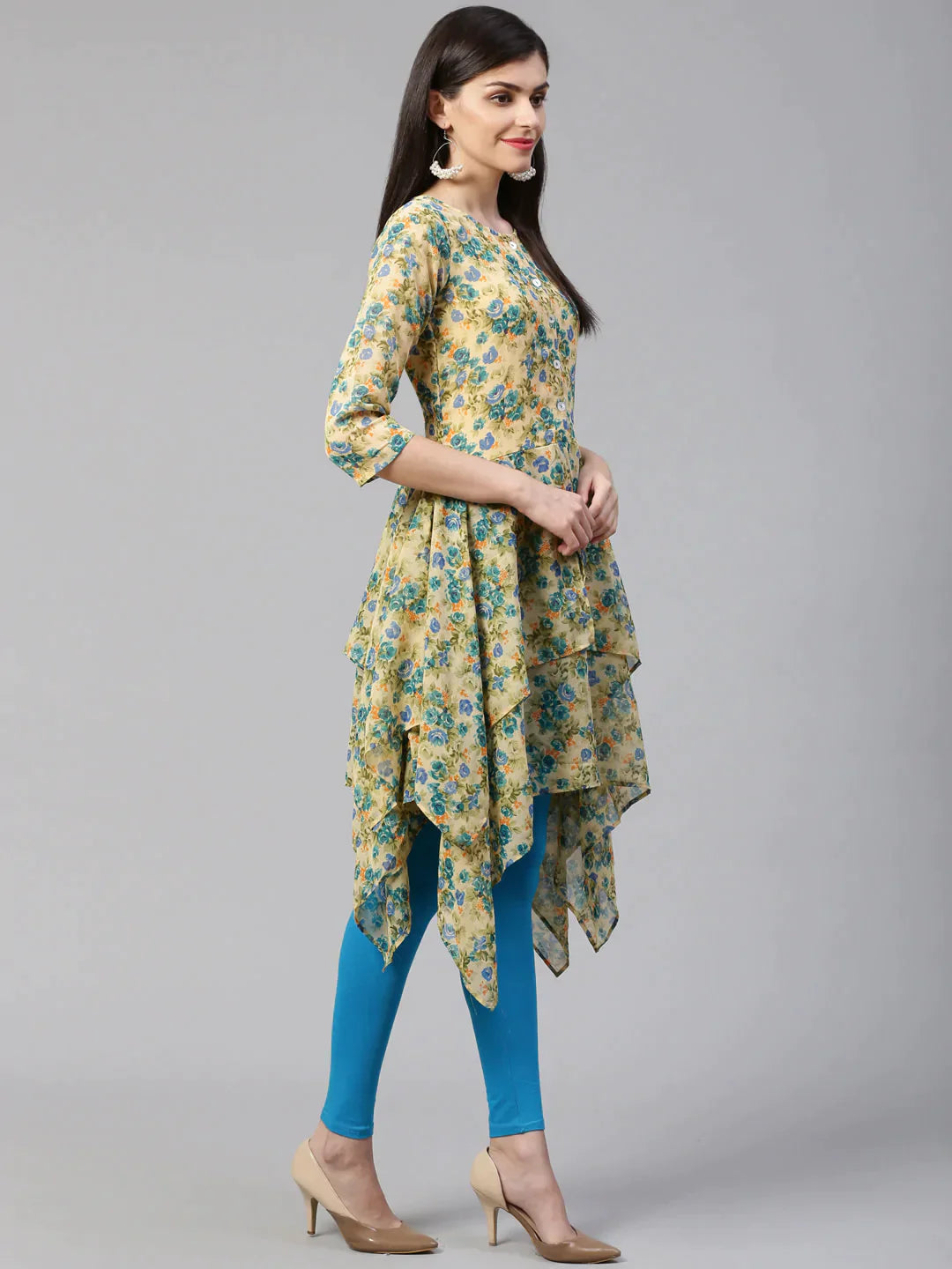 Women Beige & Blue Floral Printed A-Line Kurta Blue - Rasiya