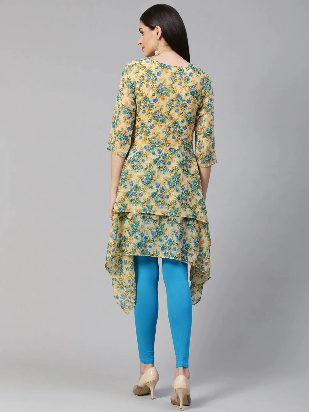 Women Beige & Blue Floral Printed A-Line Kurta Blue - Rasiya