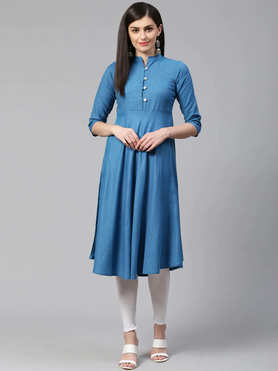 Women Blue Woven Design Jacquard Weave A-Line Kurta - Rasiya