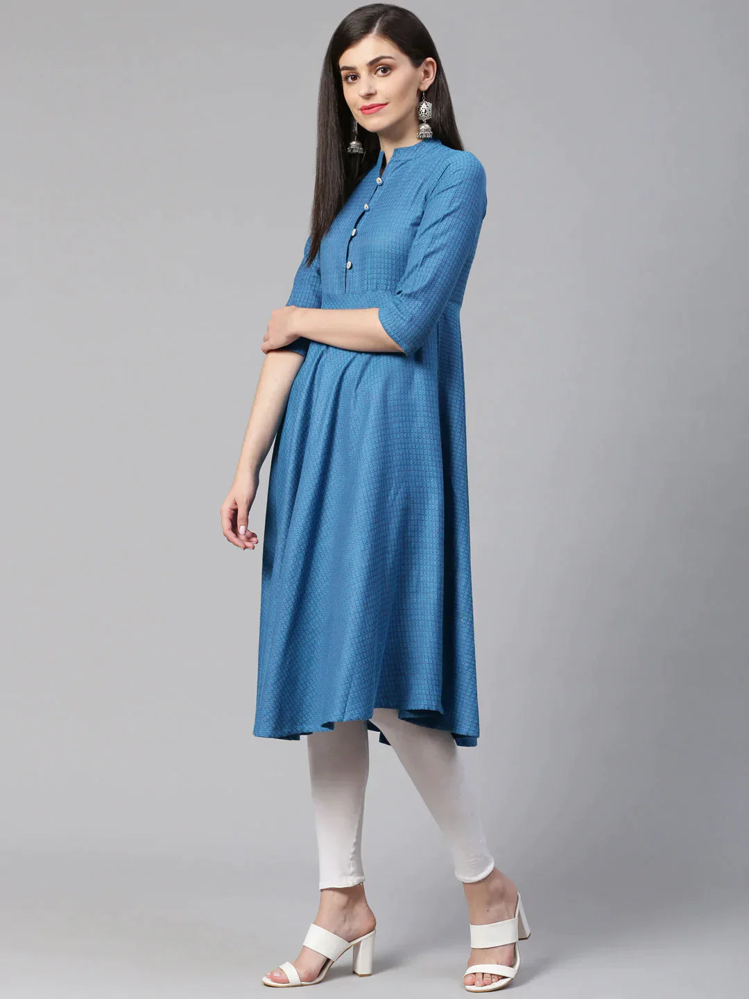 Women Blue Woven Design Jacquard Weave A-Line Kurta - Rasiya