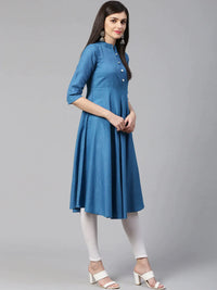 Thumbnail for Women Blue Woven Design Jacquard Weave A-Line Kurta - Rasiya
