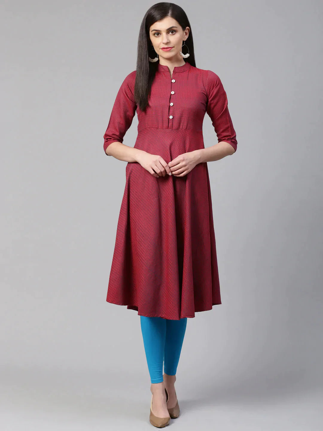 Women Maroon Woven Design Jacquard Weave A-Line Kurta - Rasiya