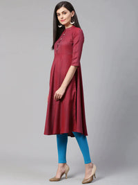 Thumbnail for Women Maroon Woven Design Jacquard Weave A-Line Kurta - Rasiya