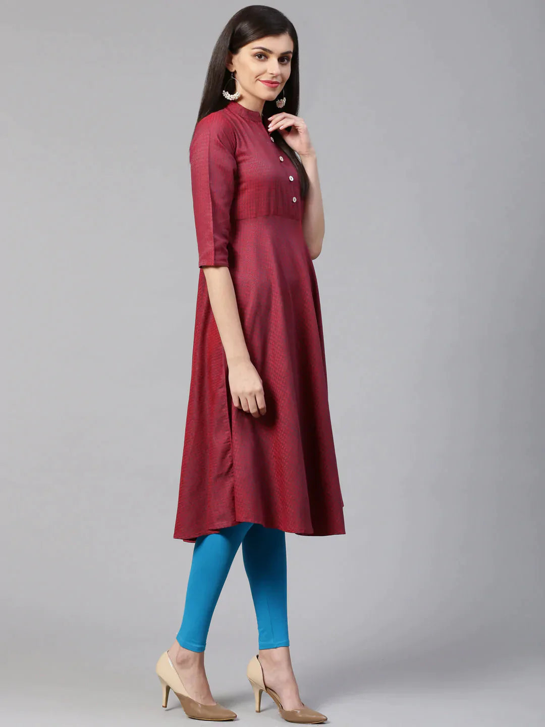 Women Maroon Woven Design Jacquard Weave A-Line Kurta - Rasiya