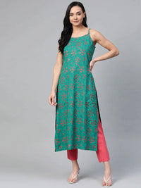 Thumbnail for Women Rama Green & Pink Printed Straight Kurta - Rasiya