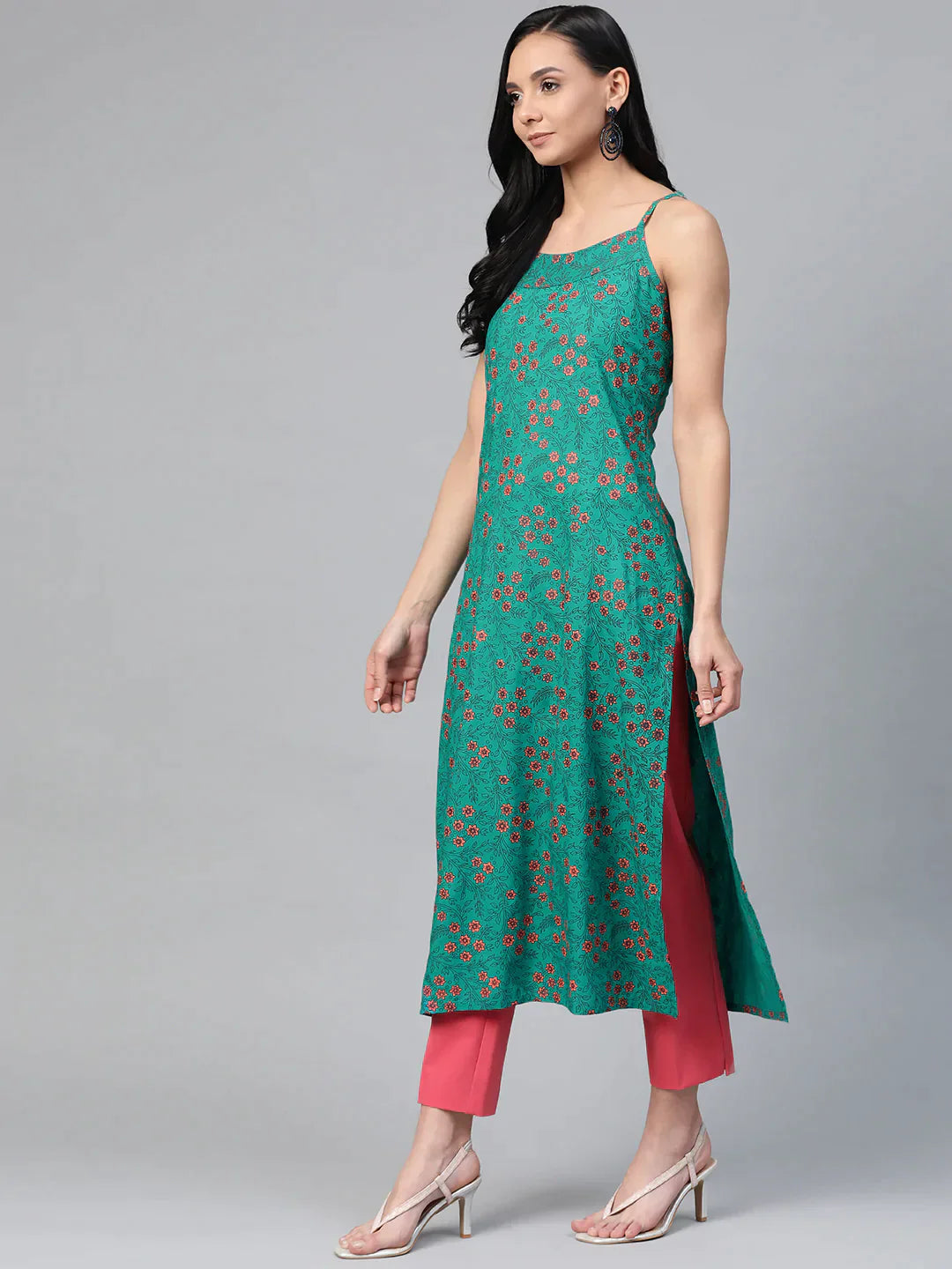 Women Rama Green & Pink Printed Straight Kurta - Rasiya