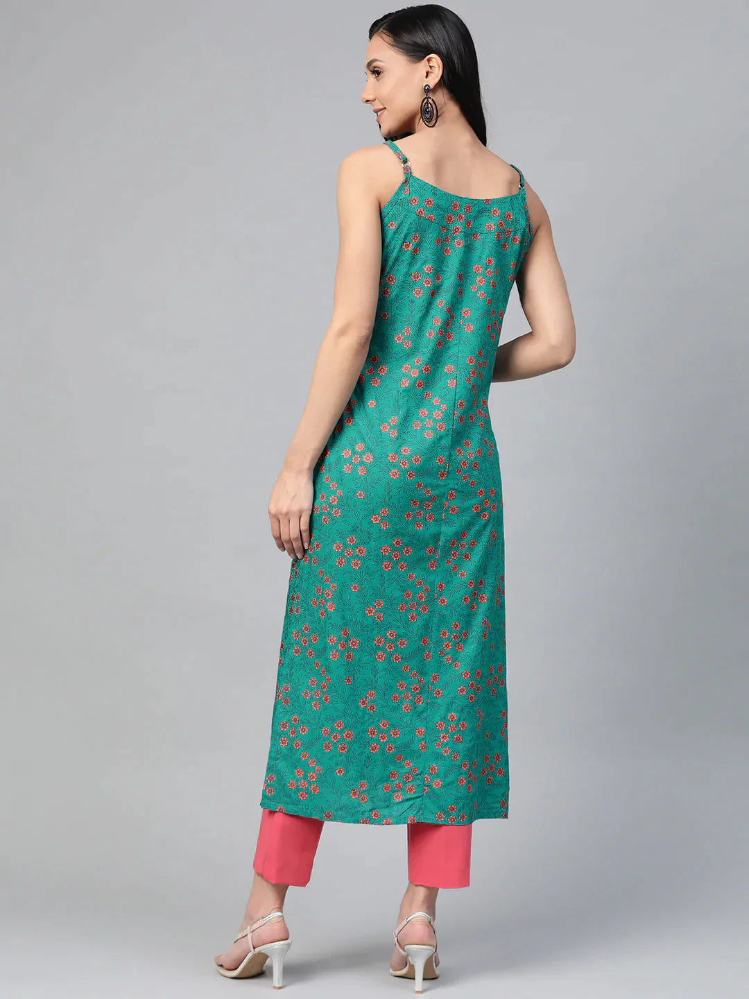 Women Rama Green & Pink Printed Straight Kurta - Rasiya