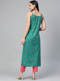 Thumbnail for Women Rama Green & Pink Printed Straight Kurta - Rasiya