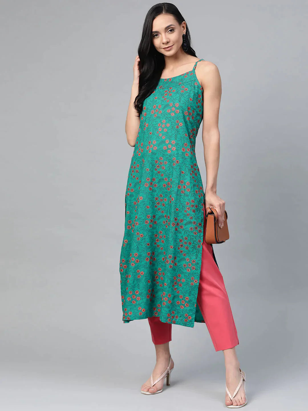 Women Rama Green & Pink Printed Straight Kurta - Rasiya