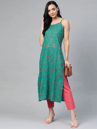 Thumbnail for Women Rama Green & Pink Printed Straight Kurta - Rasiya