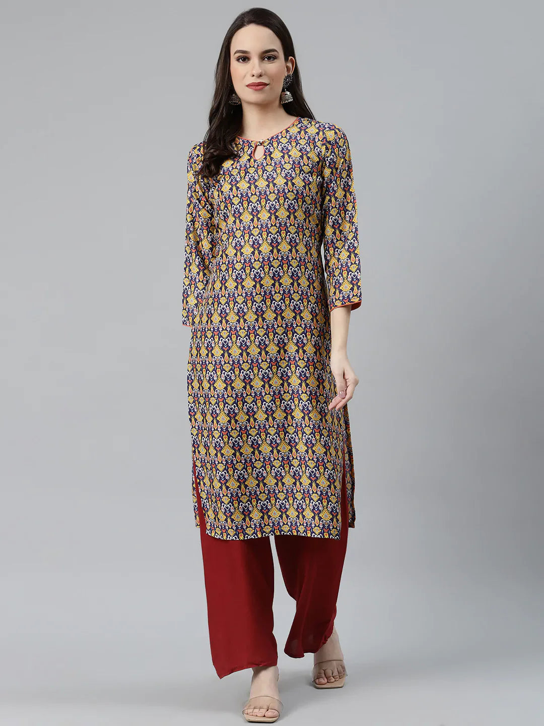 Women Blue & Yellow Geometric Printed Keyhole Neck Kurta - Rasiya