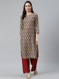 Thumbnail for Women Blue & Yellow Geometric Printed Keyhole Neck Kurta - Rasiya