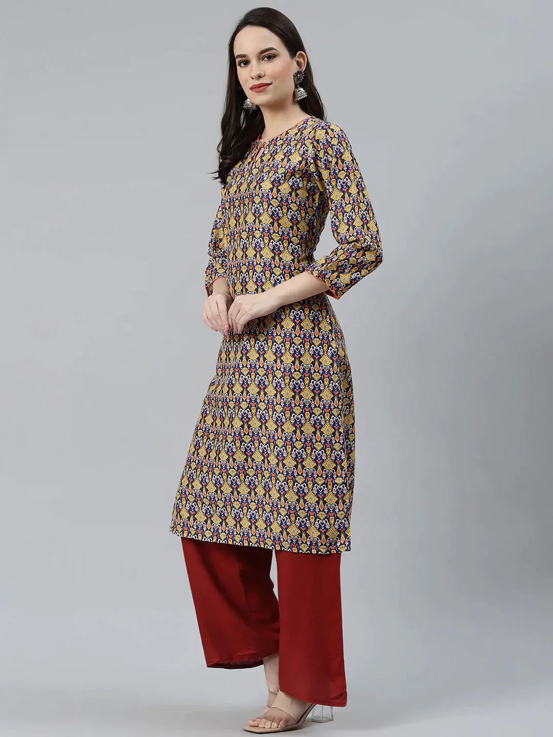 Women Blue & Yellow Geometric Printed Keyhole Neck Kurta - Rasiya