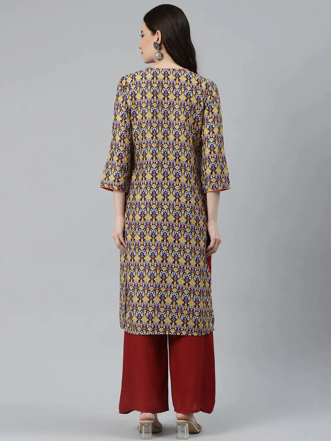 Women Blue & Yellow Geometric Printed Keyhole Neck Kurta - Rasiya