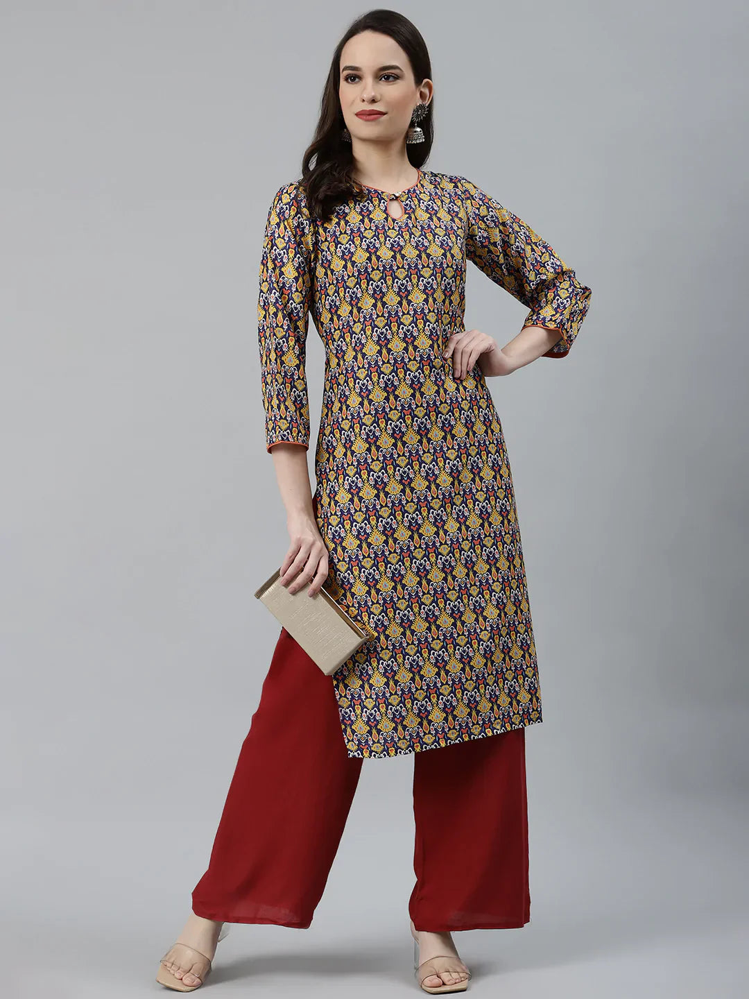Women Blue & Yellow Geometric Printed Keyhole Neck Kurta - Rasiya