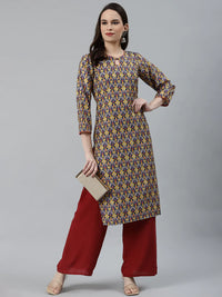 Thumbnail for Women Blue & Yellow Geometric Printed Keyhole Neck Kurta - Rasiya