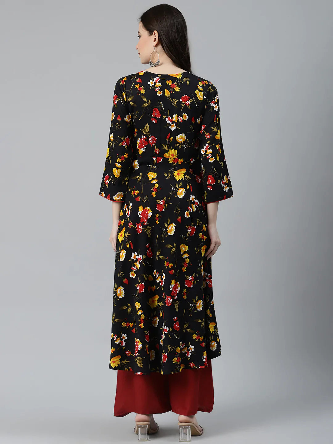 Women Black & Red Floral Printed Floral Anarkali Kurta - Rasiya