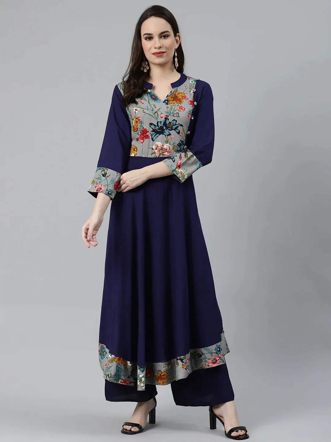 Women Navy Blue & Grey Floral Printed Yoke Design Anarkali Kurta - Rasiya
