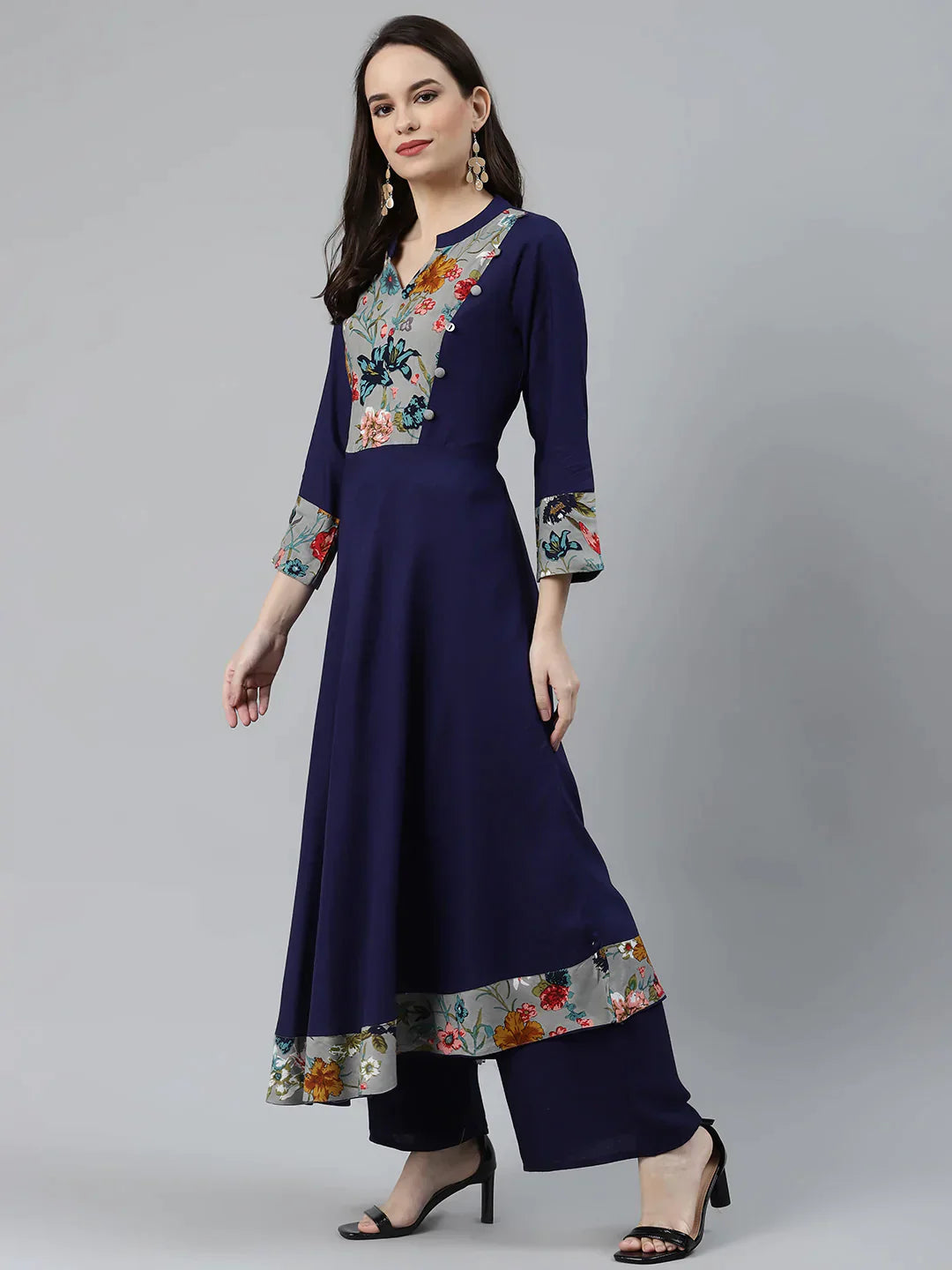 Women Navy Blue & Grey Floral Printed Yoke Design Anarkali Kurta - Rasiya