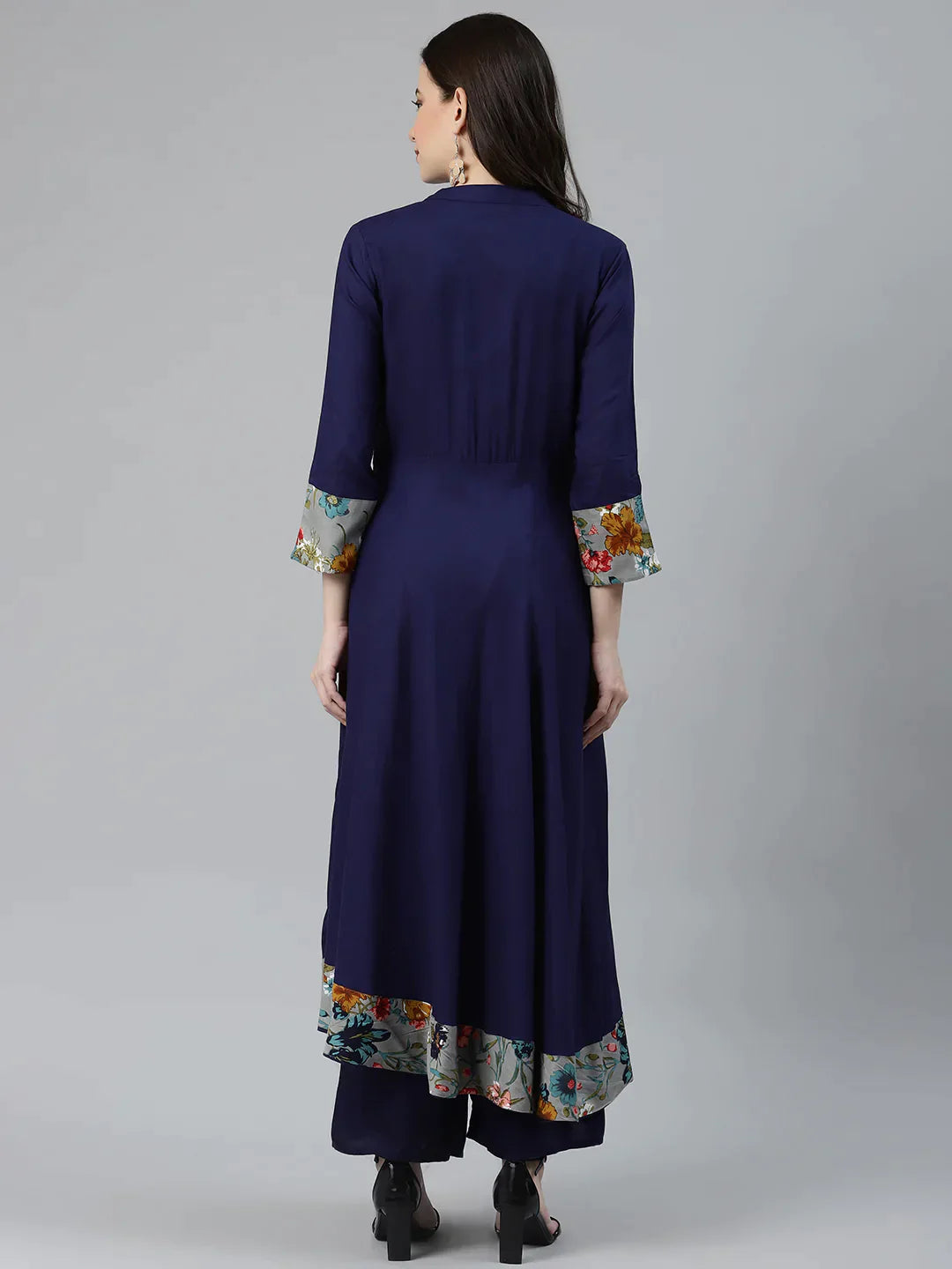 Women Navy Blue & Grey Floral Printed Yoke Design Anarkali Kurta - Rasiya