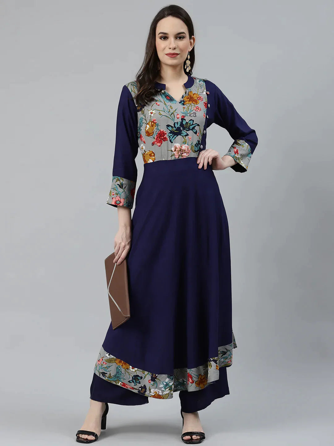 Women Navy Blue & Grey Floral Printed Yoke Design Anarkali Kurta - Rasiya