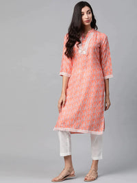 Thumbnail for Women Orange & Off White Ethnic Motifs Printed Kurta - Rasiya