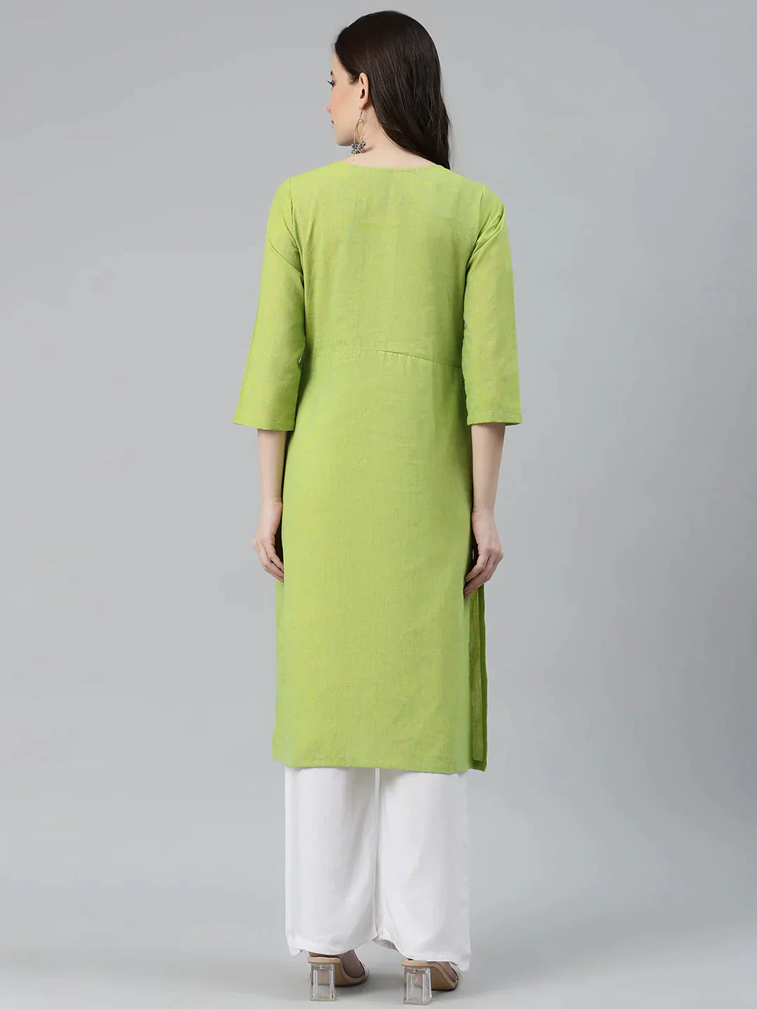 Women Green Woven Design Pure Cotton Straight Pleated Kurta - Rasiya