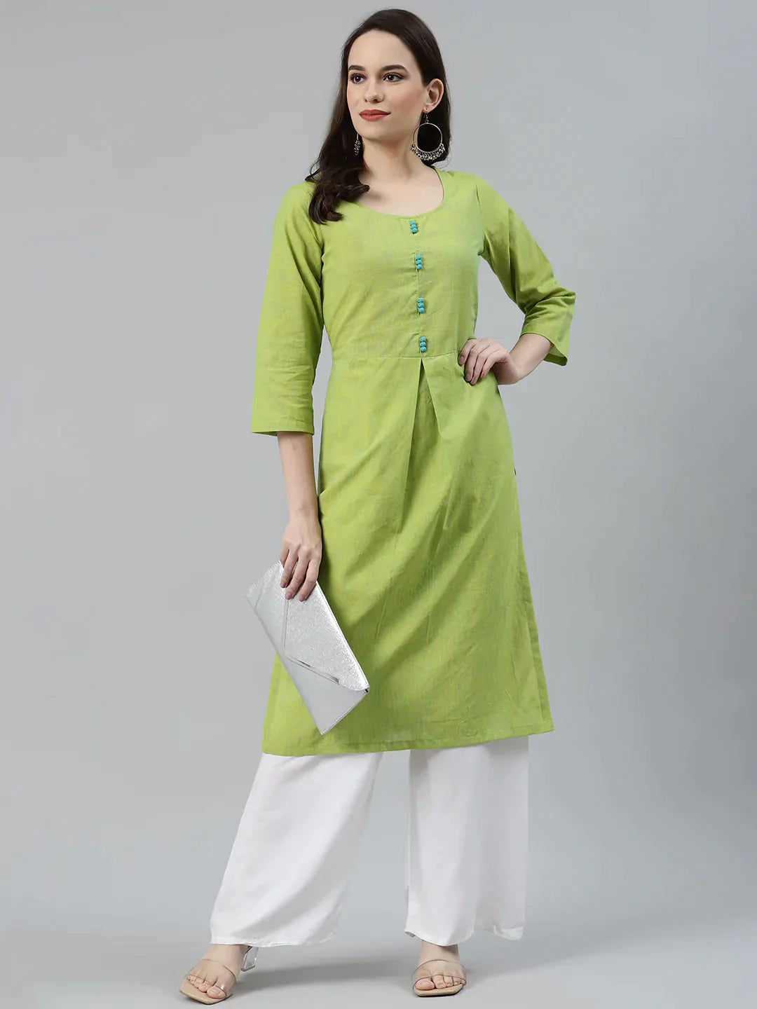 Women Green Woven Design Pure Cotton Straight Pleated Kurta - Rasiya
