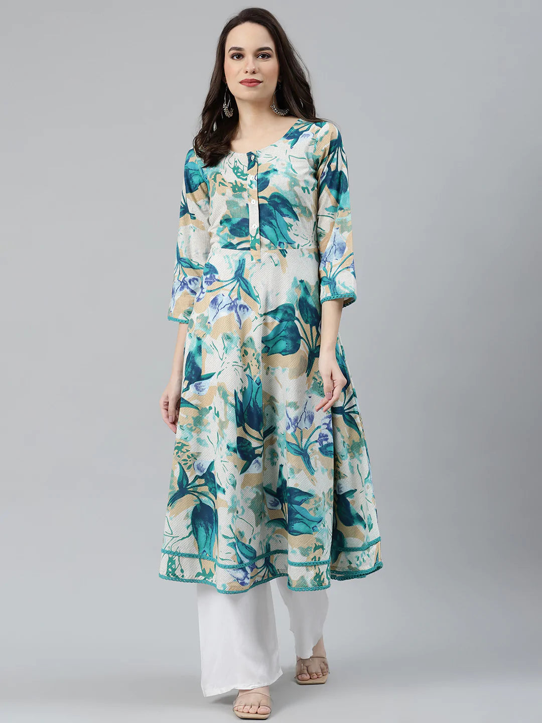 Women Off White & Blue Floral Printed Floral Anarkali Kurta - Rasiya