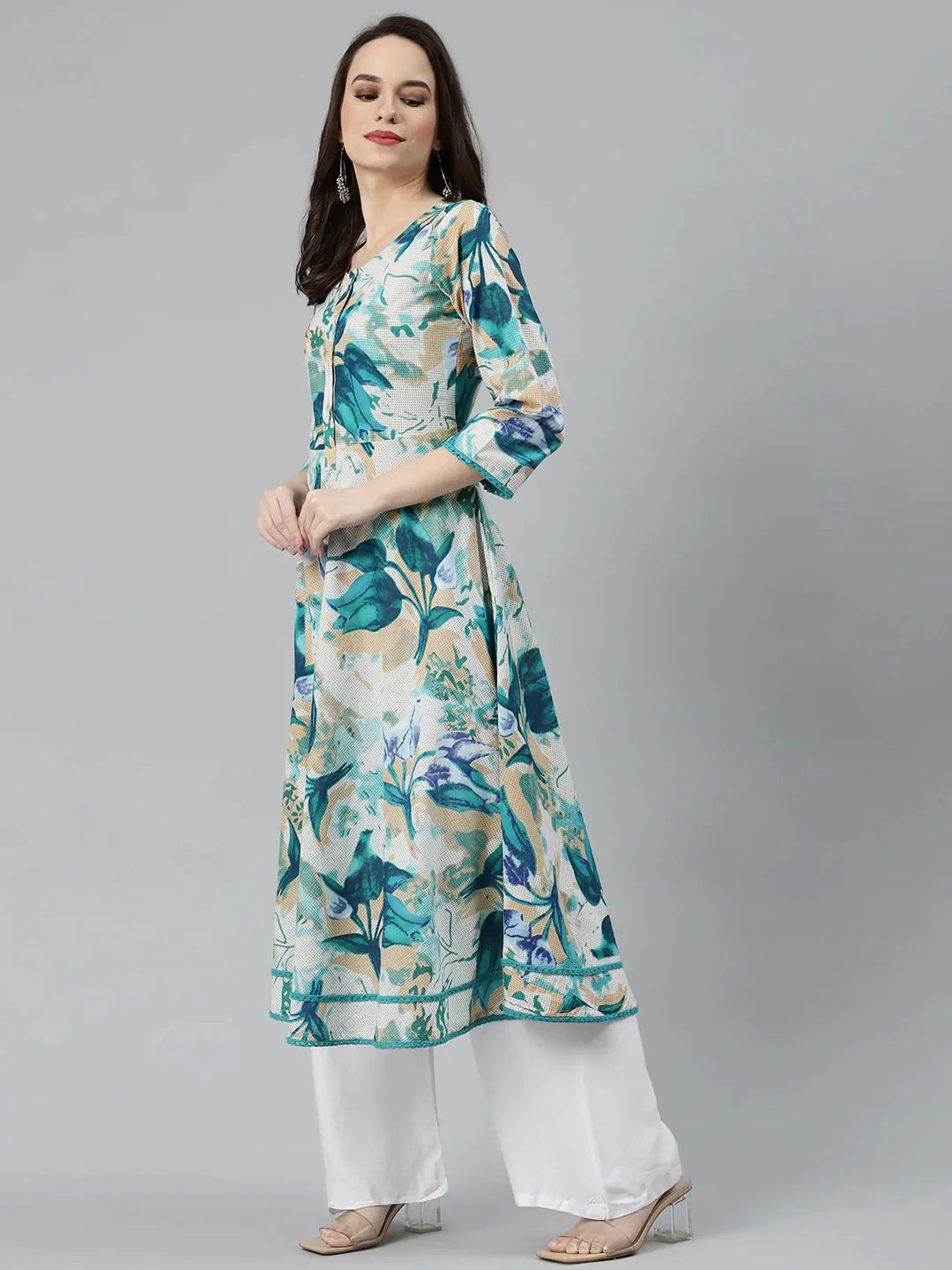 Women Off White & Blue Floral Printed Floral Anarkali Kurta - Rasiya