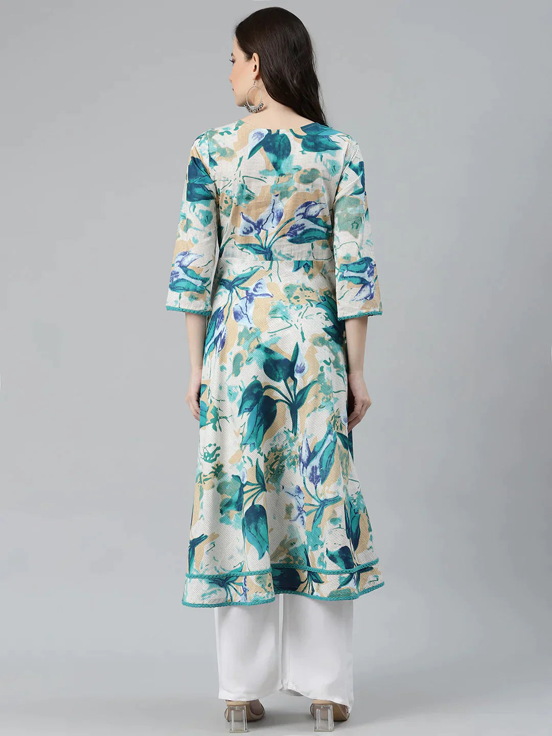 Women Off White & Blue Floral Printed Floral Anarkali Kurta - Rasiya