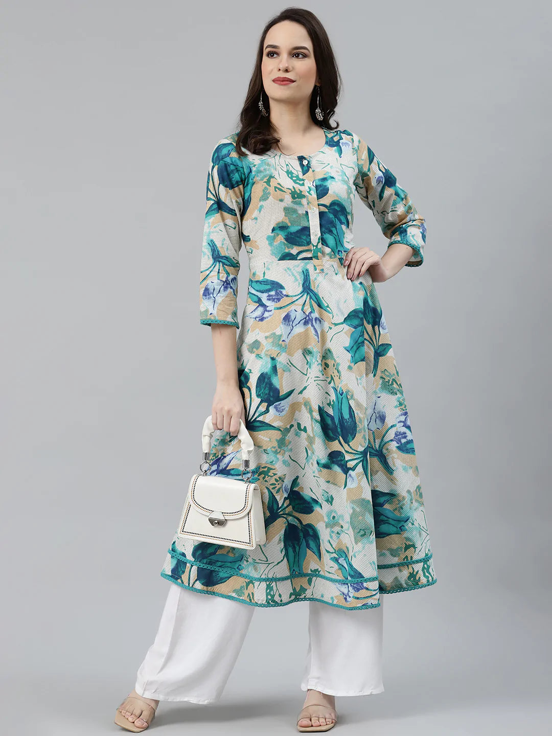 Women Off White & Blue Floral Printed Floral Anarkali Kurta - Rasiya
