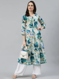 Thumbnail for Women Off White & Blue Floral Printed Floral Anarkali Kurta - Rasiya