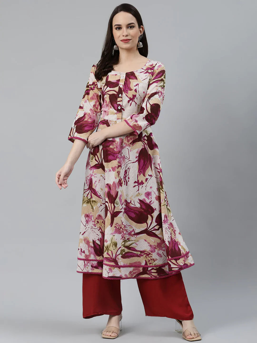 Women Off White & Purple Floral Printed Floral Anarkali Kurta - Rasiya
