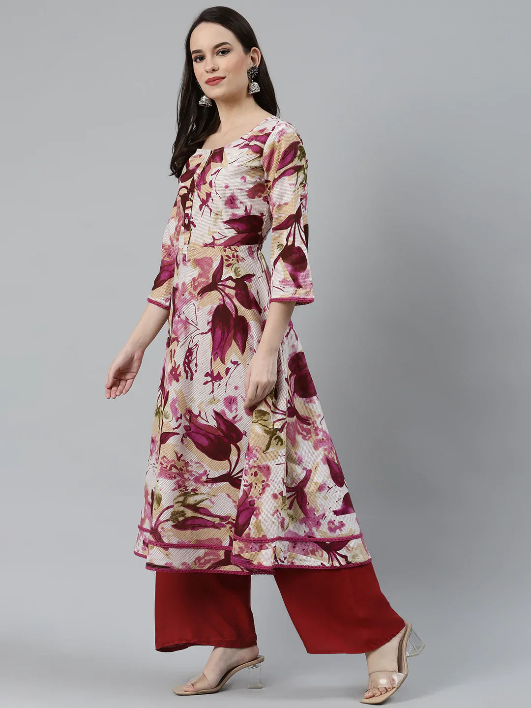 Women Off White & Purple Floral Printed Floral Anarkali Kurta - Rasiya