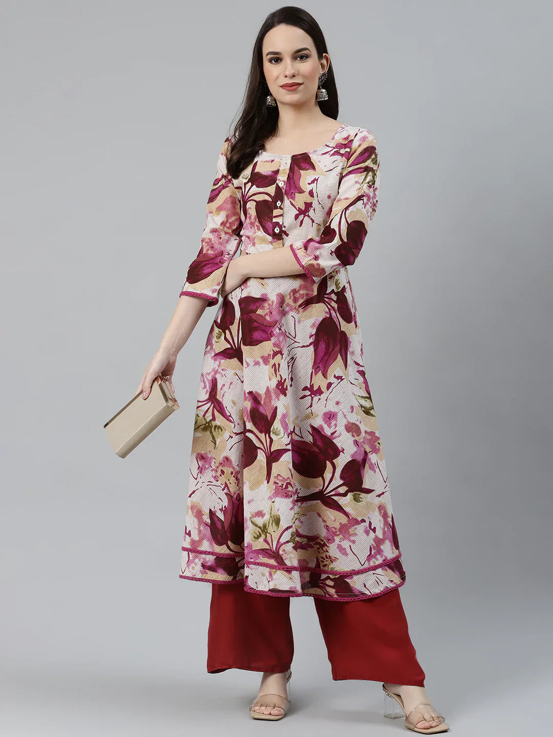 Women Off White & Purple Floral Printed Floral Anarkali Kurta - Rasiya