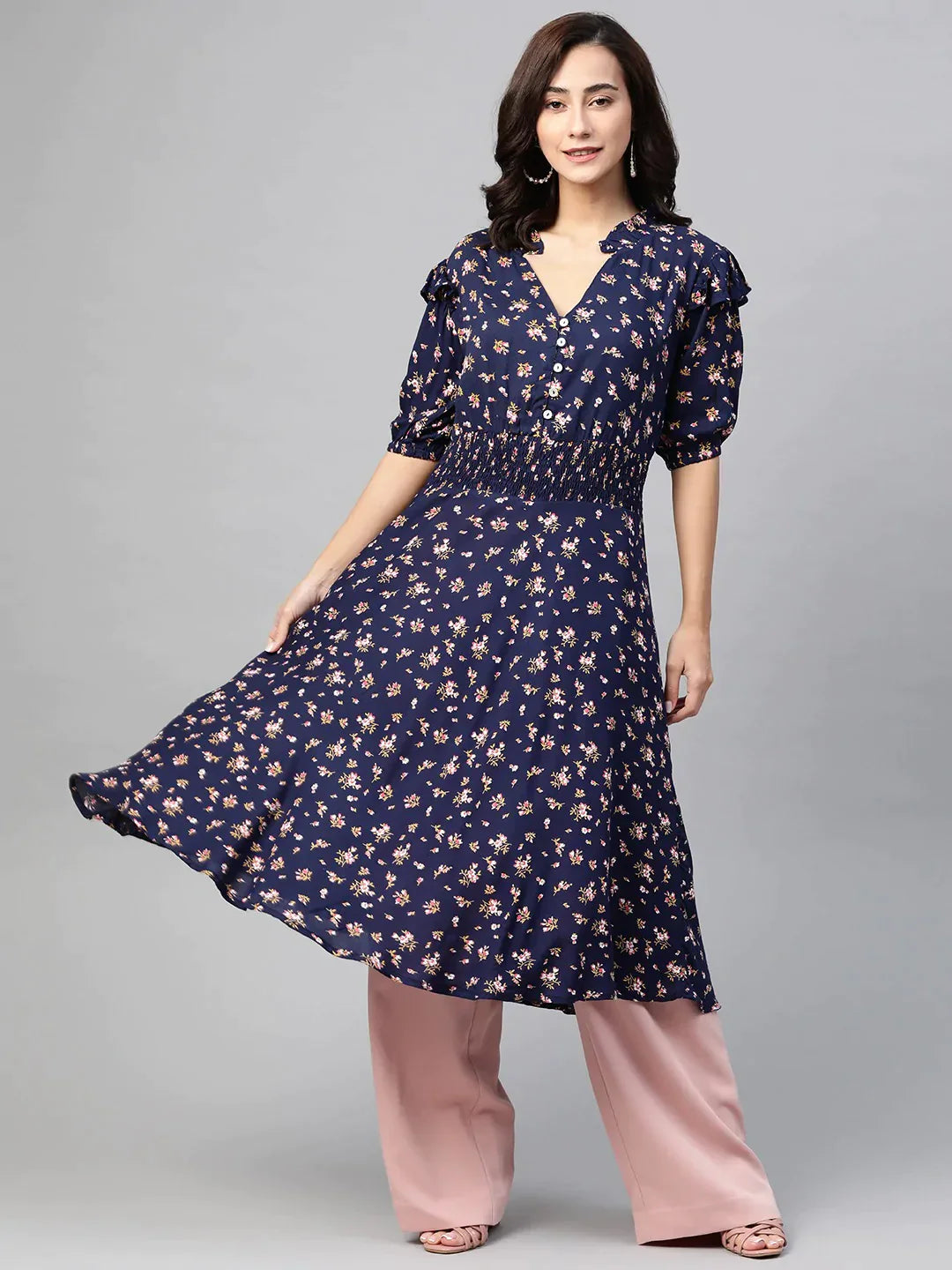 Women Navy Blue & Pink Floral Printed Floral Anarkali Kurta - Rasiya