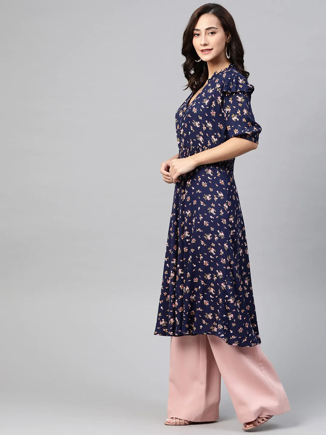 Women Navy Blue & Pink Floral Printed Floral Anarkali Kurta - Rasiya