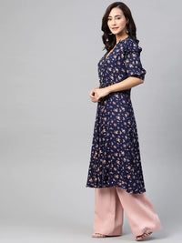Thumbnail for Women Navy Blue & Pink Floral Printed Floral Anarkali Kurta - Rasiya
