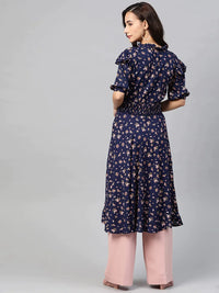 Thumbnail for Women Navy Blue & Pink Floral Printed Floral Anarkali Kurta - Rasiya