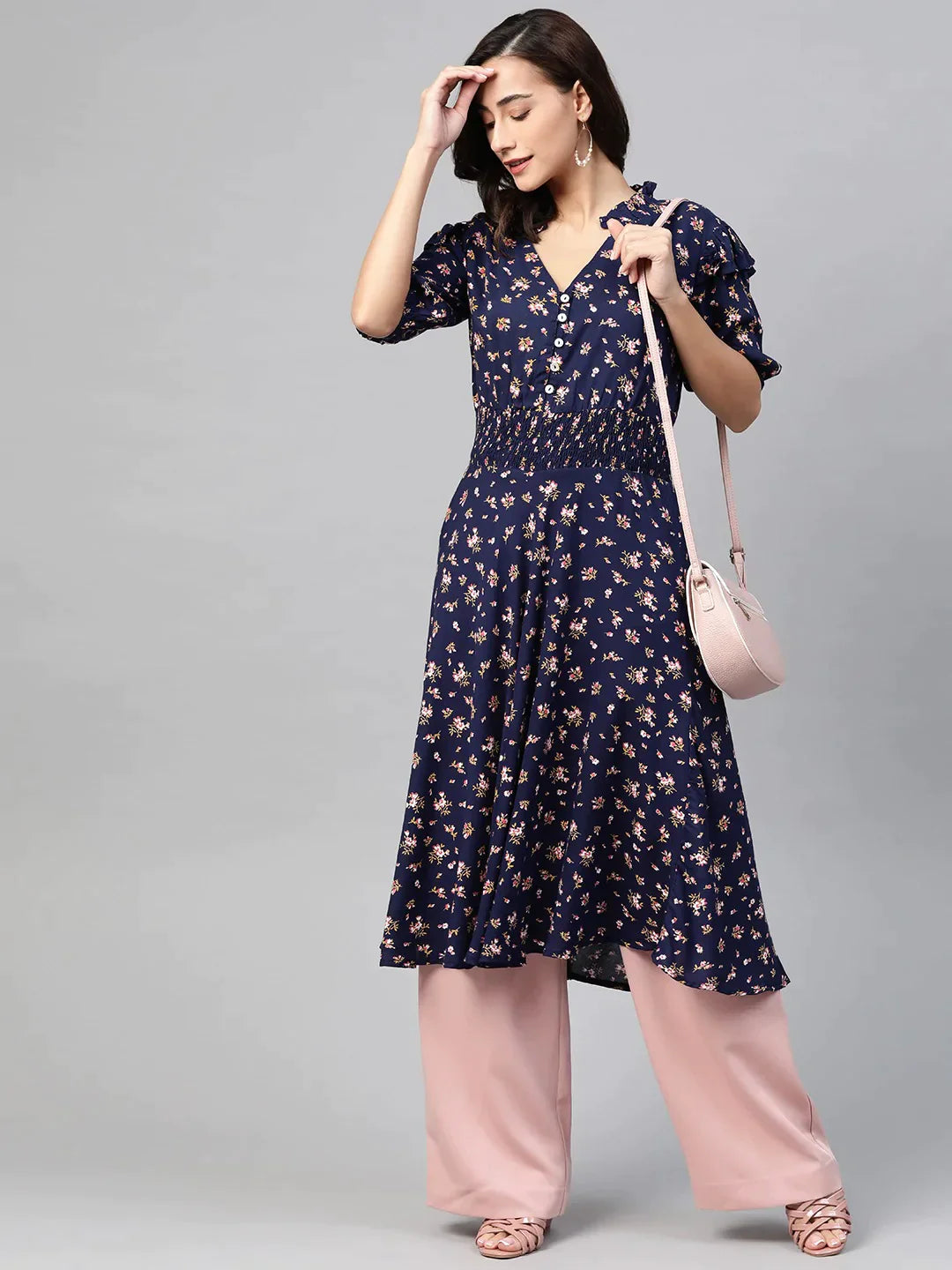 Women Navy Blue & Pink Floral Printed Floral Anarkali Kurta - Rasiya