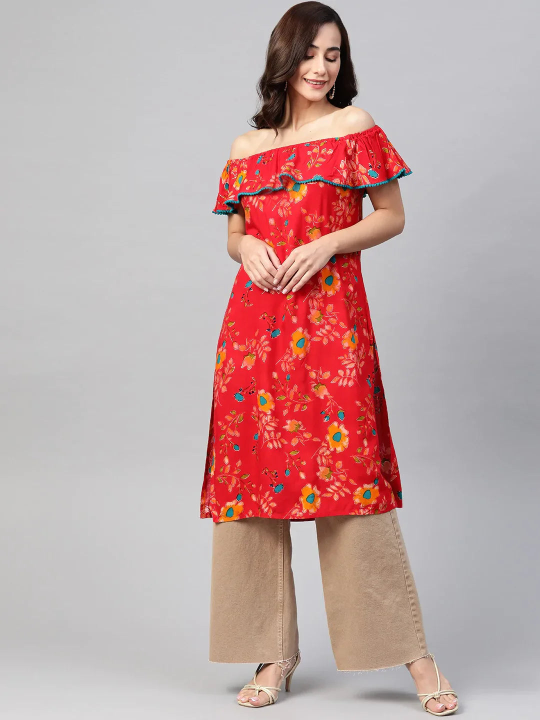 Women Red & Yellow Floral Printed Straight Kurta - Rasiya