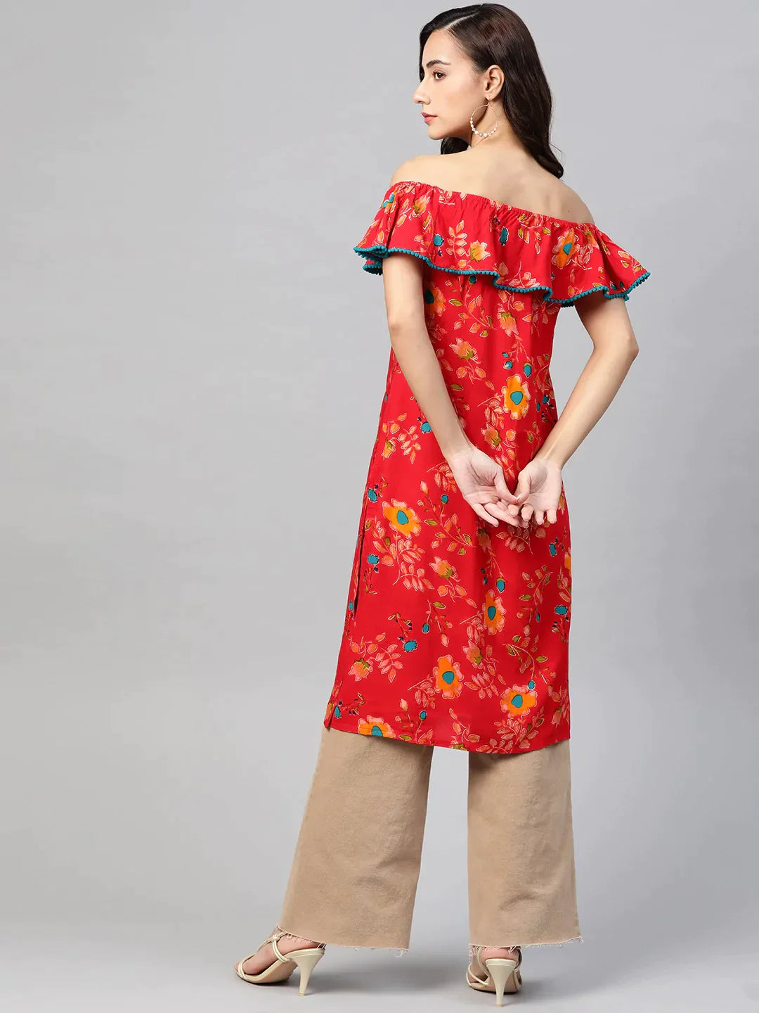 Women Red & Yellow Floral Printed Straight Kurta - Rasiya