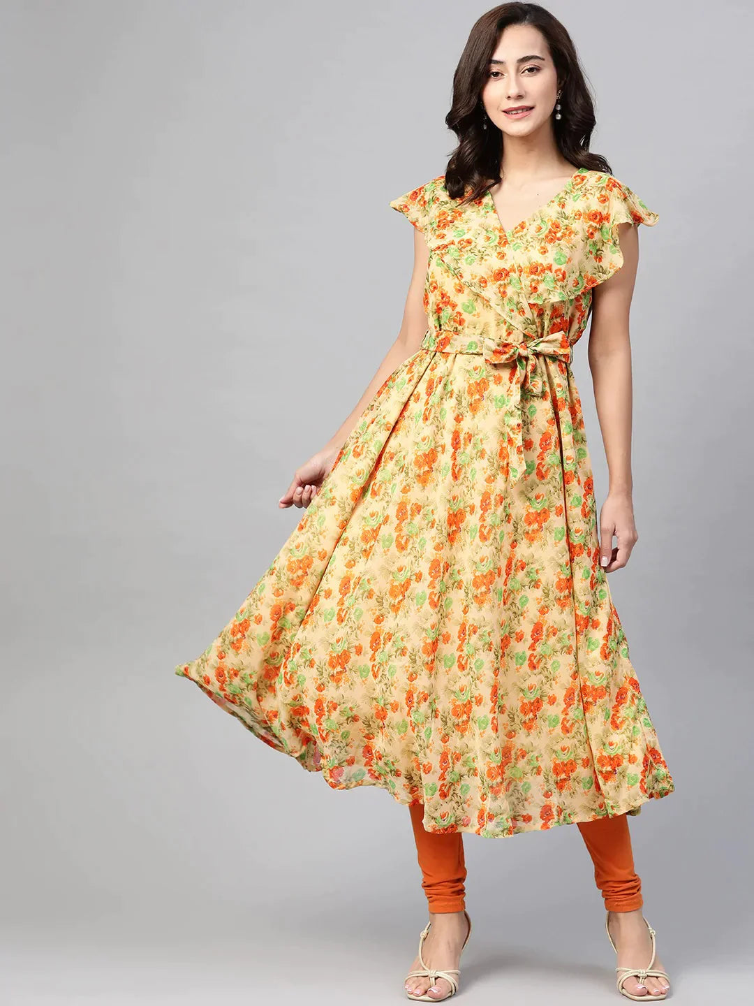 Women Beige, Orange & Green Floral Printed Georgette Kurta - Rasiya