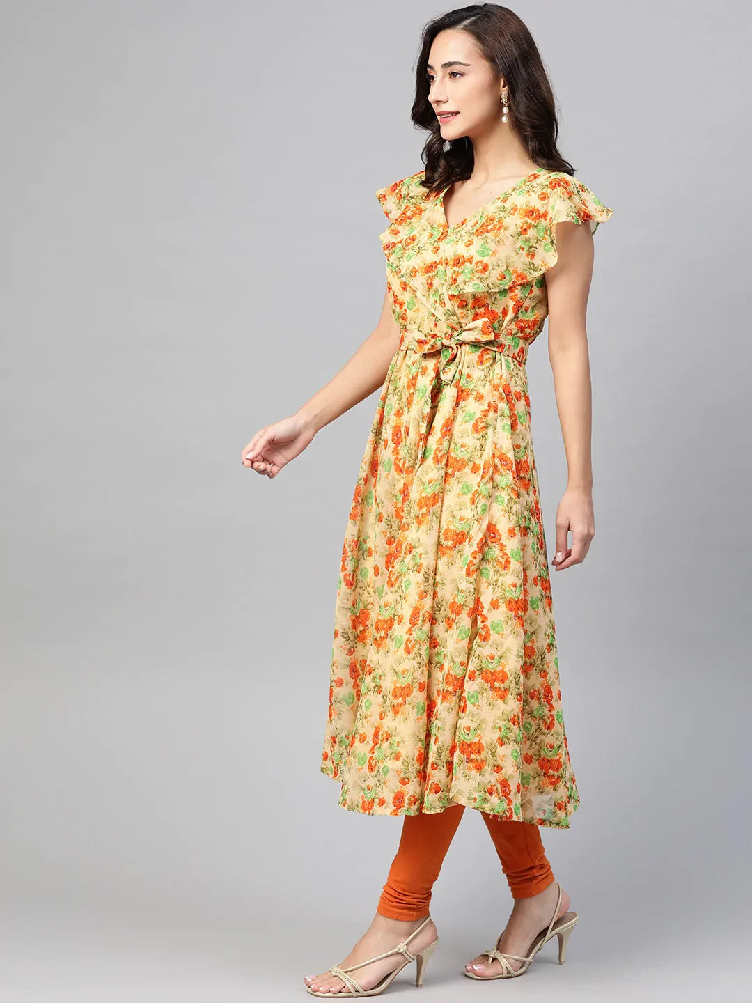 Women Beige, Orange & Green Floral Printed Georgette Kurta - Rasiya