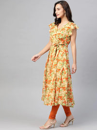 Thumbnail for Women Beige, Orange & Green Floral Printed Georgette Kurta - Rasiya