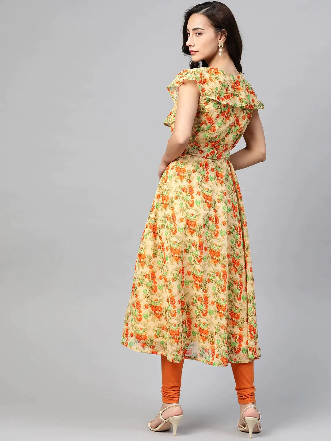 Women Beige, Orange & Green Floral Printed Georgette Kurta - Rasiya