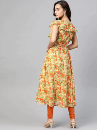 Thumbnail for Women Beige, Orange & Green Floral Printed Georgette Kurta - Rasiya