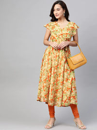 Thumbnail for Women Beige, Orange & Green Floral Printed Georgette Kurta - Rasiya